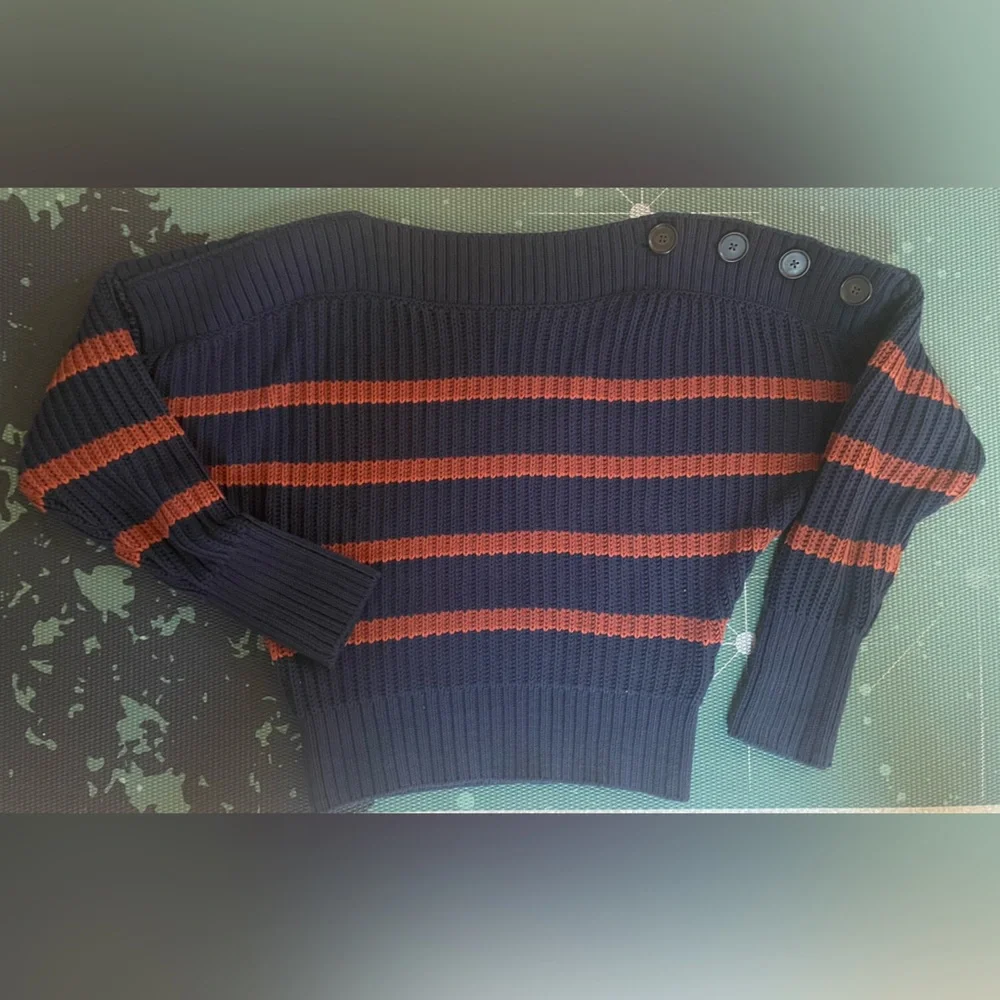 Banana Republic Boatneck Button Shoulder Striped Sweater Navy & Brown Sz Med - Picture 11 of 11
